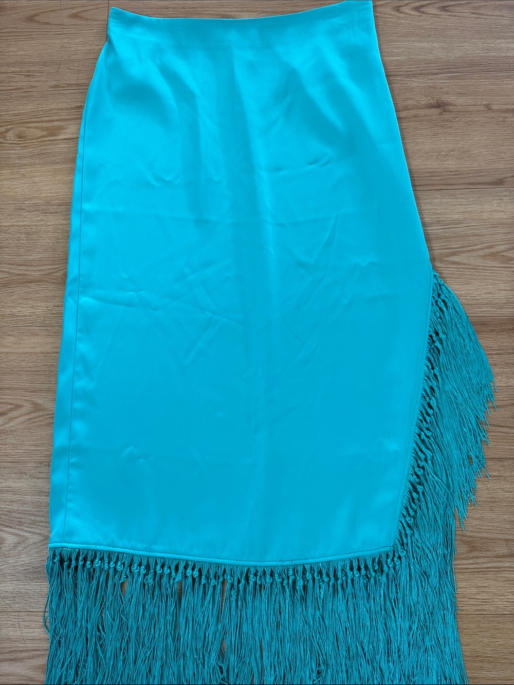 Rachel Zoe Turquoise Asymmetrical Fringe Midi Skirt with Side Slit Size Medium - Picture 4 of 8